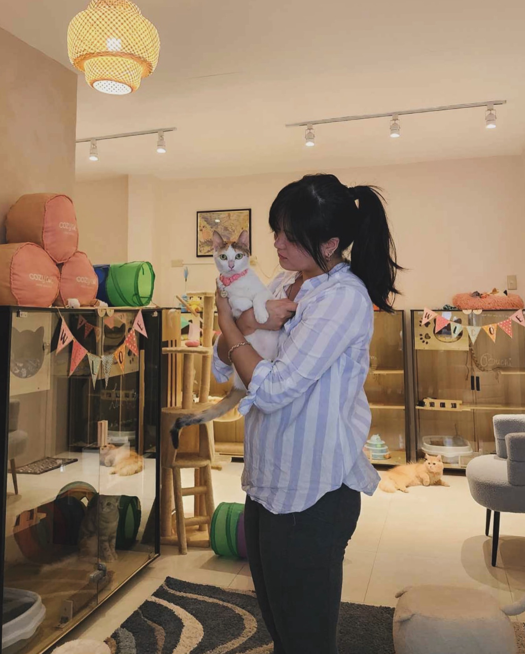 Patricia holding a cat inside Cozy Cat Home Boarding